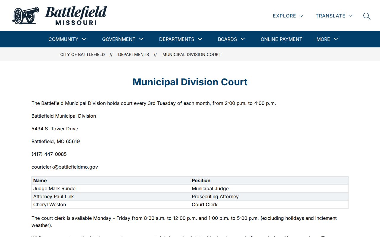 Battlefield criminal history municipal court schedule and records