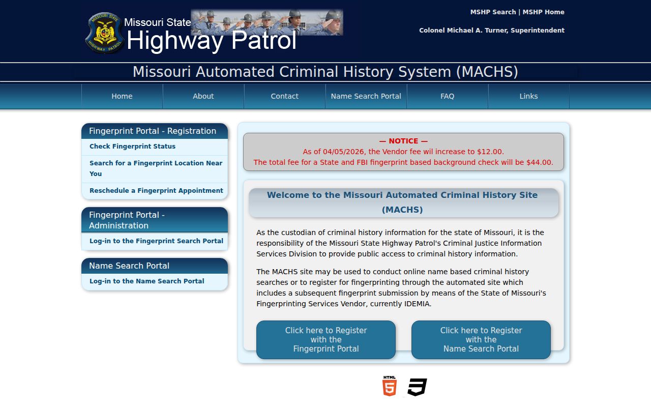 Greene County criminal history options in the Missouri MACHS portal